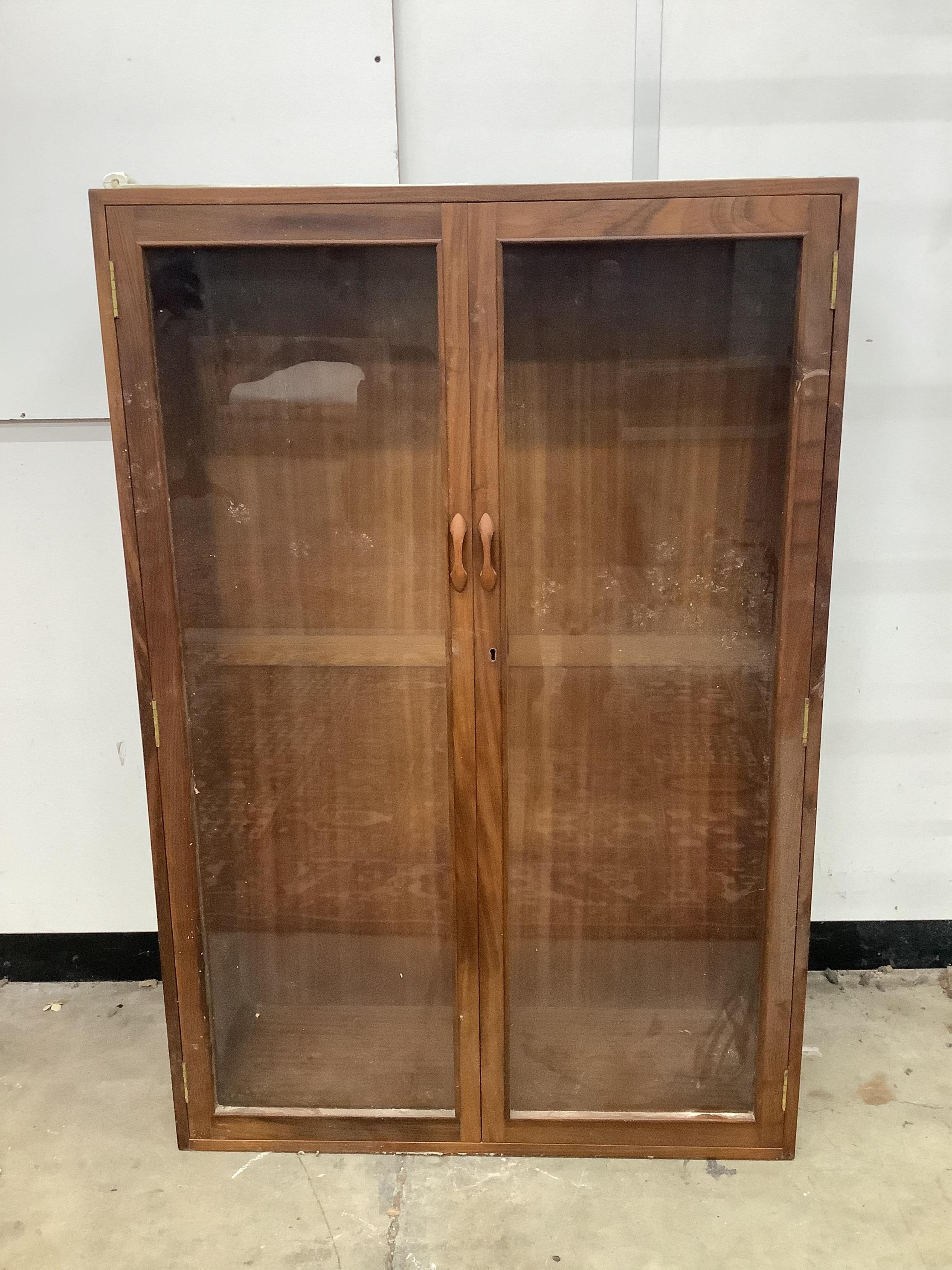 A Ladderax display cabinet, a large drop down bureau, a small drop down bureau and a storage cabinet. Condition - fair